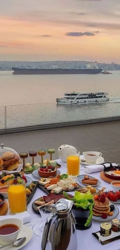 Seaside breakfast with ships and sunrise view.