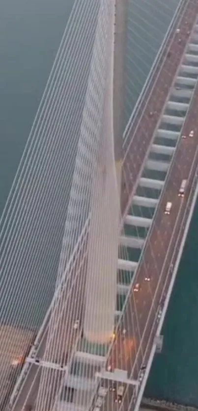 Aerial view of a modern bridge over tranquil blue waters.