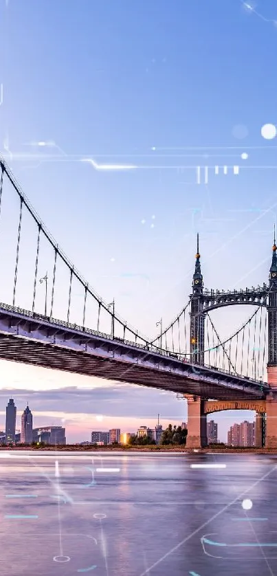 Scenic bridge over calm waters at sunset with clear sky in background.