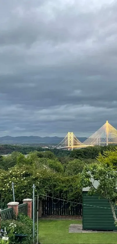 Mobile wallpaper of a scenic garden with bridges and a cloudy sky.