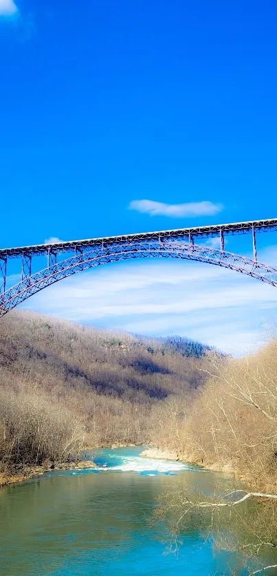 Bridge under blue sky with scenic river view.