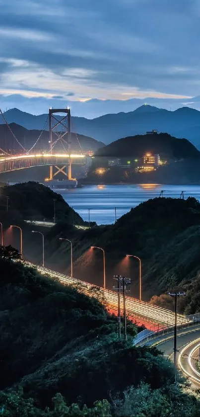 Stunning nighttime view of winding bridge over serene waters.