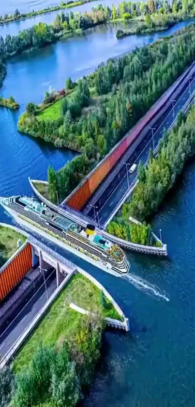 Aerial view of a waterway with a bridge and lush greenery.