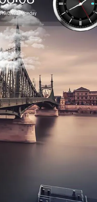 Scenic bridge over river with clock display on phone screen.