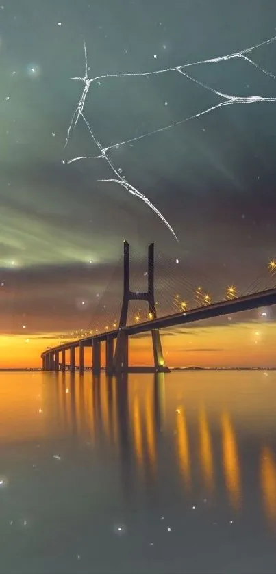 Sunset over a large bridge reflecting on calm waters.