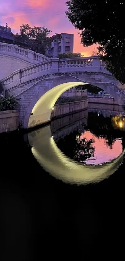 Serene sunset view with bridge and reflection.