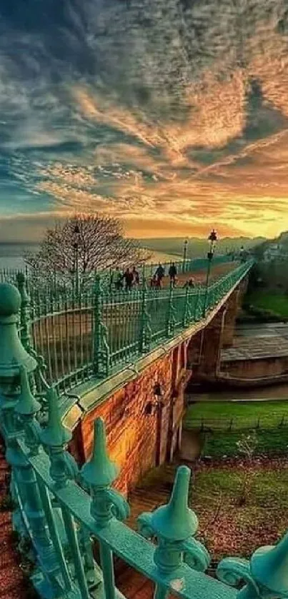 Scenic bridge at sunset with vibrant turquoise hues and a dramatic sky.