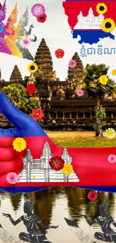 Vibrant Cambodia wallpaper with Angkor Wat temple and cultural motifs reflecting in water.