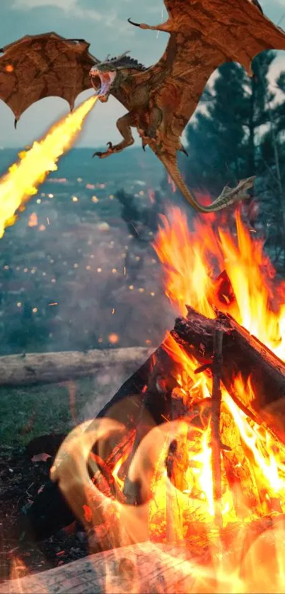 Vibrant campfire on a hillside overlooking a twilight evening landscape.