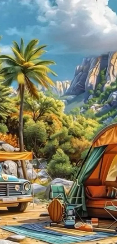 Colorful camping scene with mountains and a tent.
