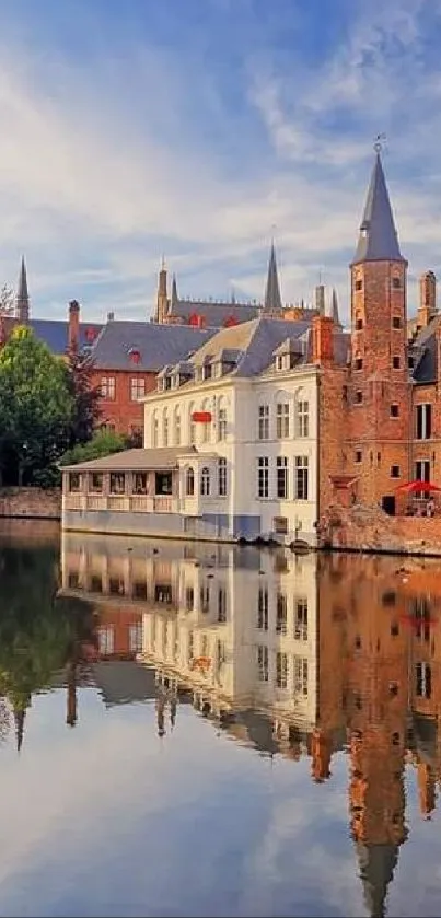 Charming historic cityscape with canal reflections under a blue sky.