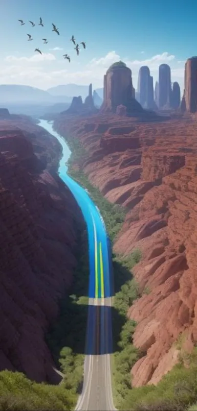 Scenic view of a canyon with a road and river surrounded by red rock formations.