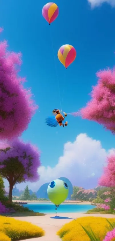 Colorful cartoon landscape with balloons.