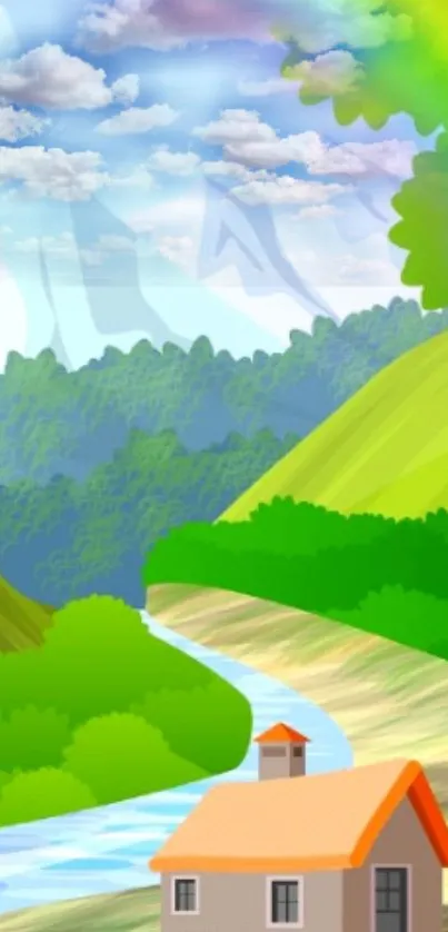 Cartoon landscape wallpaper with hills, river, and cottage.