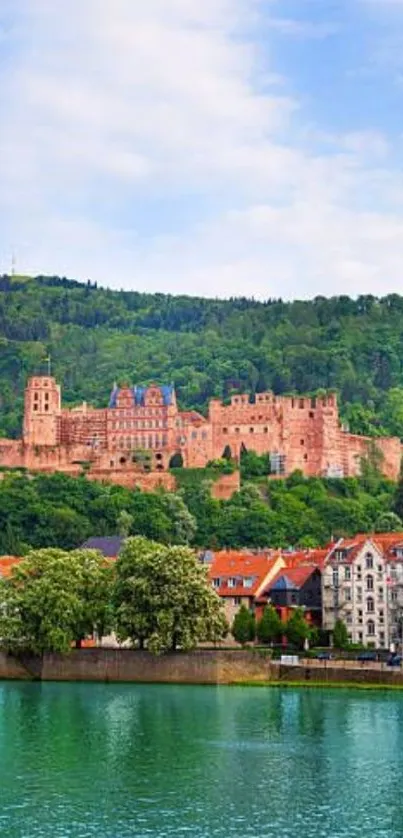 Historic castle overlooking a serene river with green hills and blue sky.