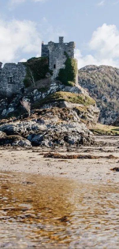 Scenic view of a rocky island castle under clear skies.