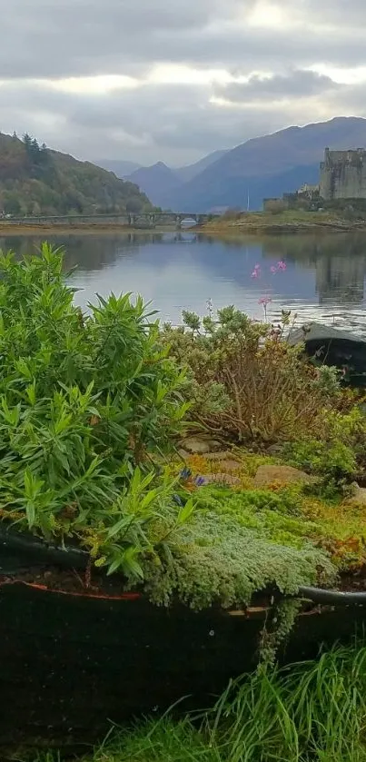 Serene castle view by a tranquil lake with lush greenery in the foreground.