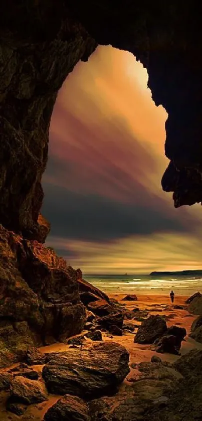 Breathtaking view from a cave to a vibrant sunset beach.