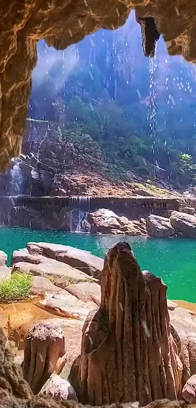 View through cave of a waterfall and lush landscape, vivid and captivating.