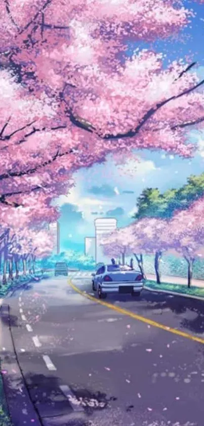 Anime cherry blossom road with a blue sky background.