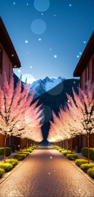 Cherry blossom path with mountain view under twilight sky.