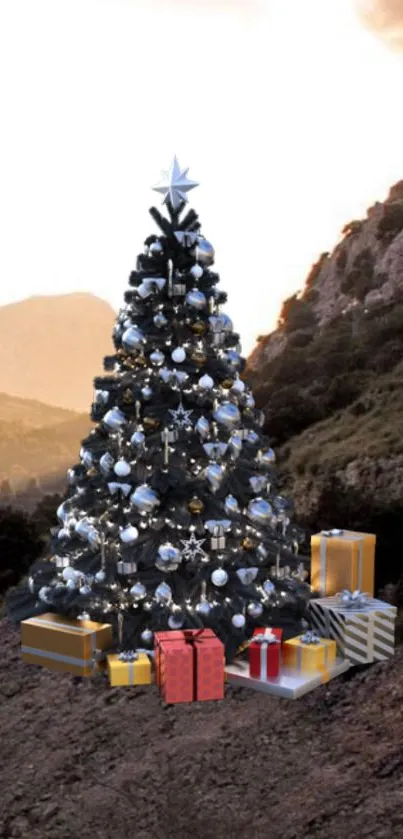 Christmas tree with gifts against a mountain sunset background.