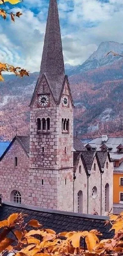 Beautiful autumn church scene with mountain view.