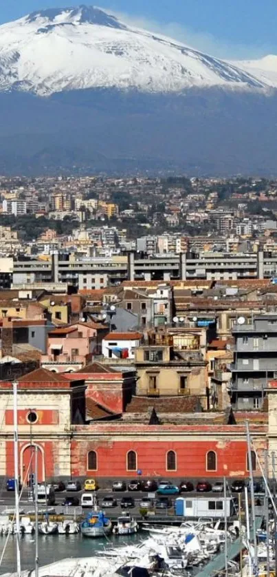 City with harbor set against a snow-capped mountain.