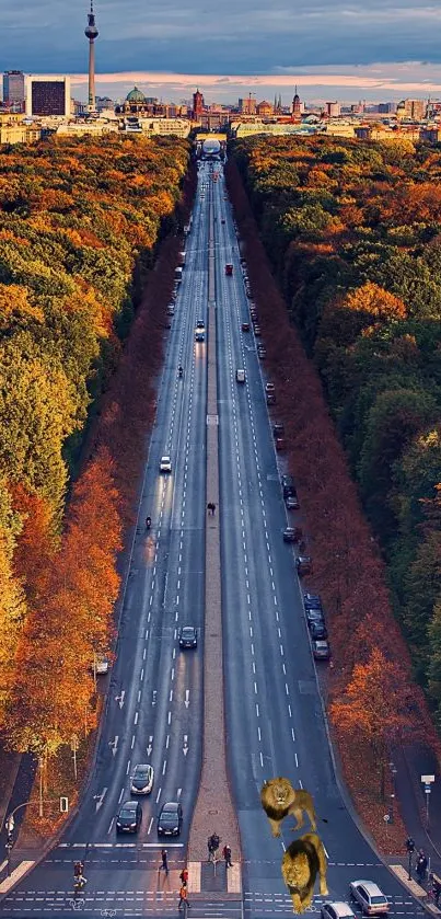 Scenic city road with autumn trees in vibrant hues.