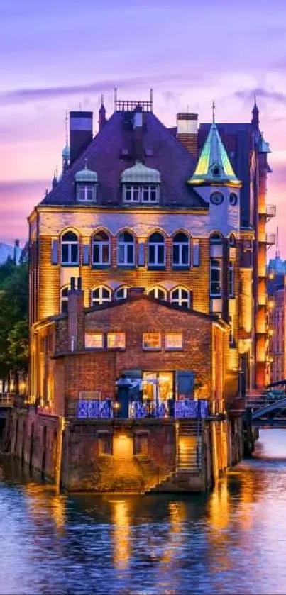 Beautiful city canal with glowing lights at dusk.