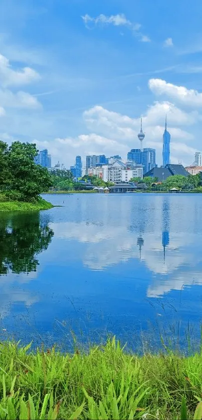 Vibrant city skyline and lake reflection wallpaper.