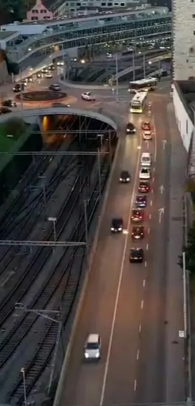 Overhead view of city traffic at dusk.