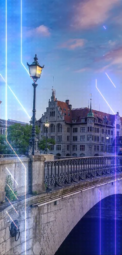 Cityscape at dusk with historic bridge and waterfront.