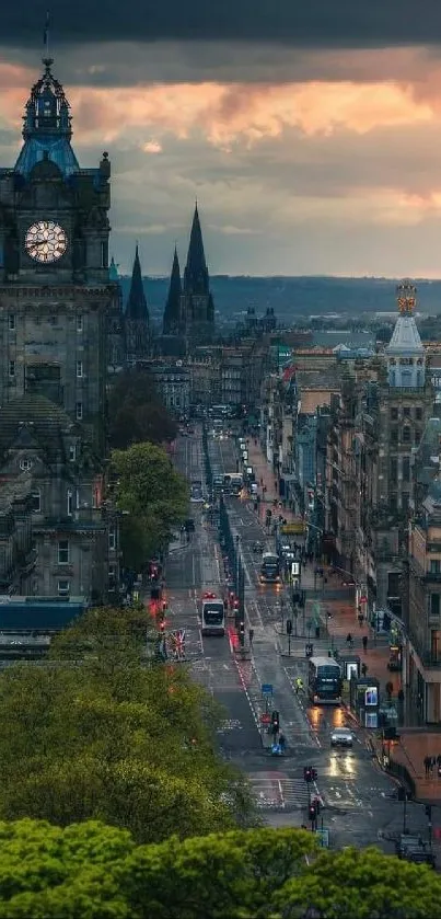 Stunning cityscape with sunset over historic buildings and urban streets.