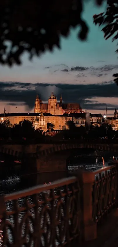 Cityscape with historic architecture at evening twilight, overlooking a bridge.