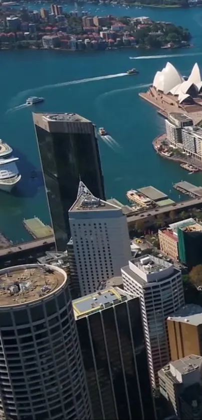 Aerial view of modern city skyline with harbor and iconic landmarks.