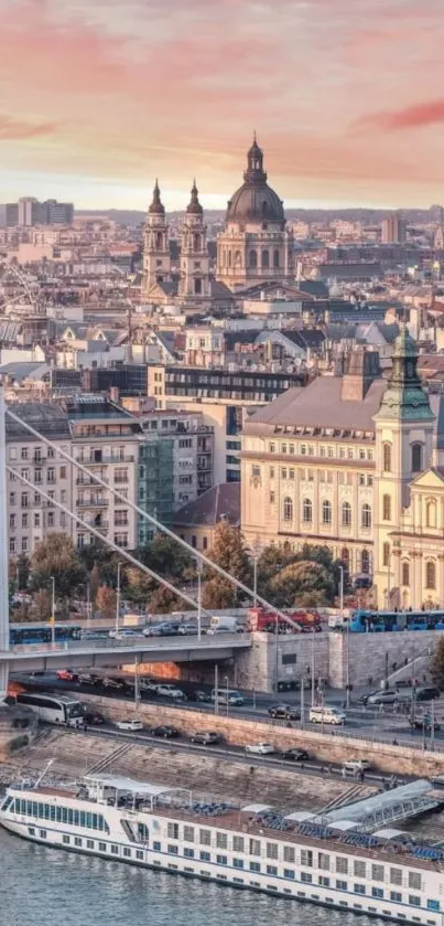 A scenic cityscape featuring a majestic bridge and historic architecture under a colorful sky.