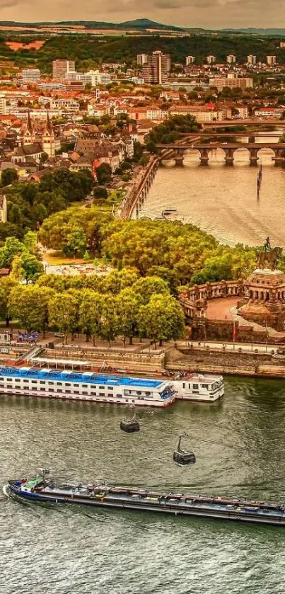 Cityscape with river, trees, and historic architecture.