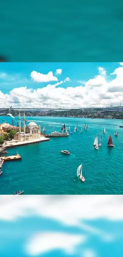 Turquoise waters with sailboats and a city backdrop under a bright sky.