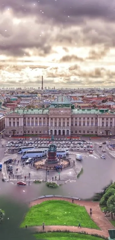 Panoramic cityscape with historic buildings and cloudy sky, perfect for mobile wallpaper.