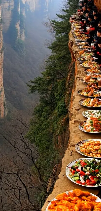 Diners on a cliffside with scenic view and vibrant dishes.