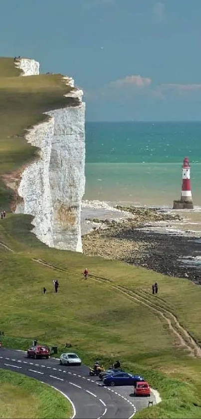 Scenic coastal cliff and lighthouse view.