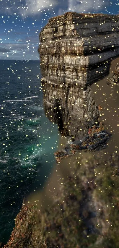 Scenic view of a cliff and ocean with sparkling effects.