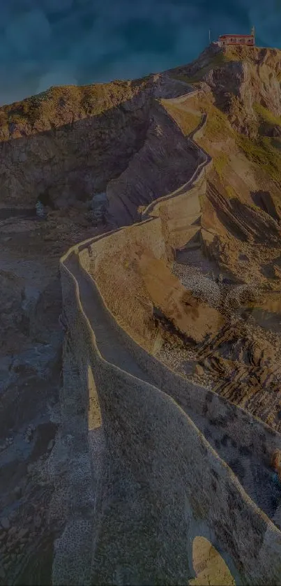 A breathtaking view of a winding path along a rugged cliffside.