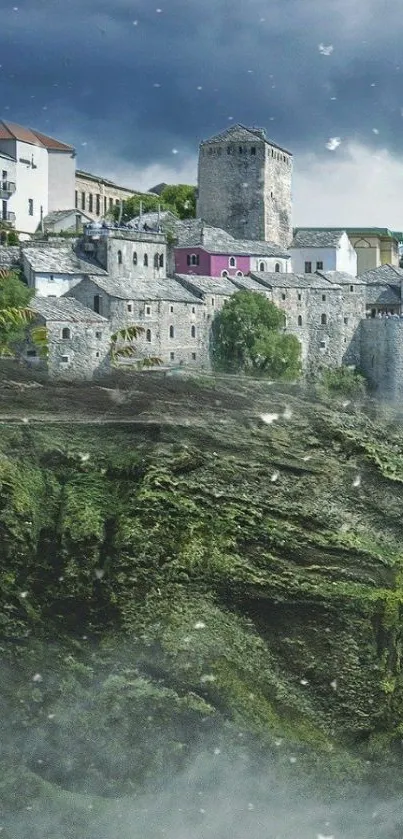 Cliffside village under a dramatic sky with lush greenery.