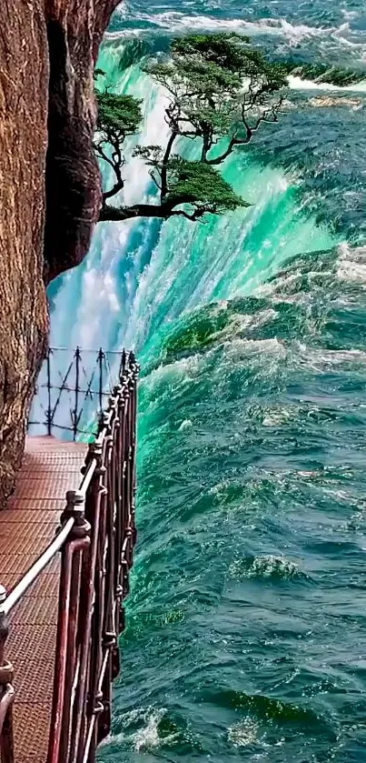 Scenic pathway alongside a turquoise waterfall cascading down a cliff.