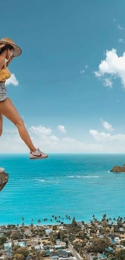 Woman standing on cliff edge overlooking coastal scenery.