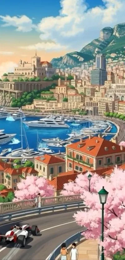Anime coastal city with cherry blossoms and car race.