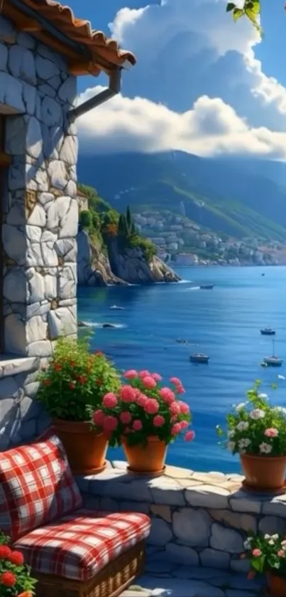 Charming coastal balcony with ocean view and vibrant flowers.