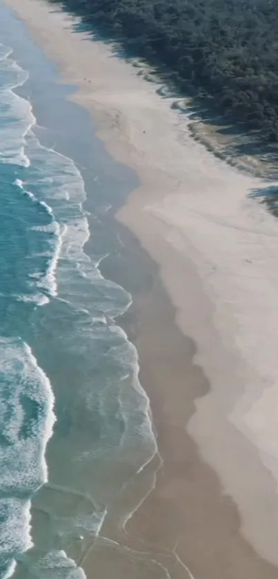 Aerial view of a scenic beach with turquoise waves and a sandy shoreline.